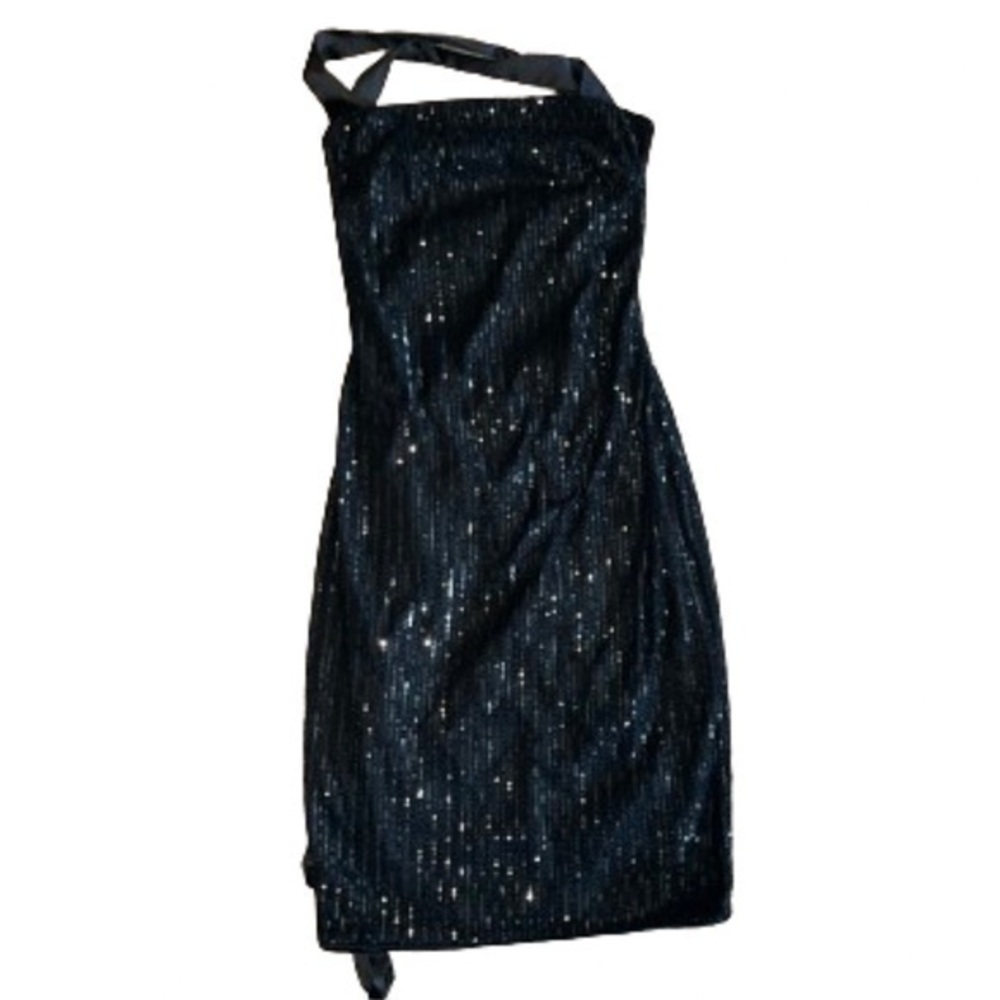 Shein black sequined body con dress with black satin crisscross back size S